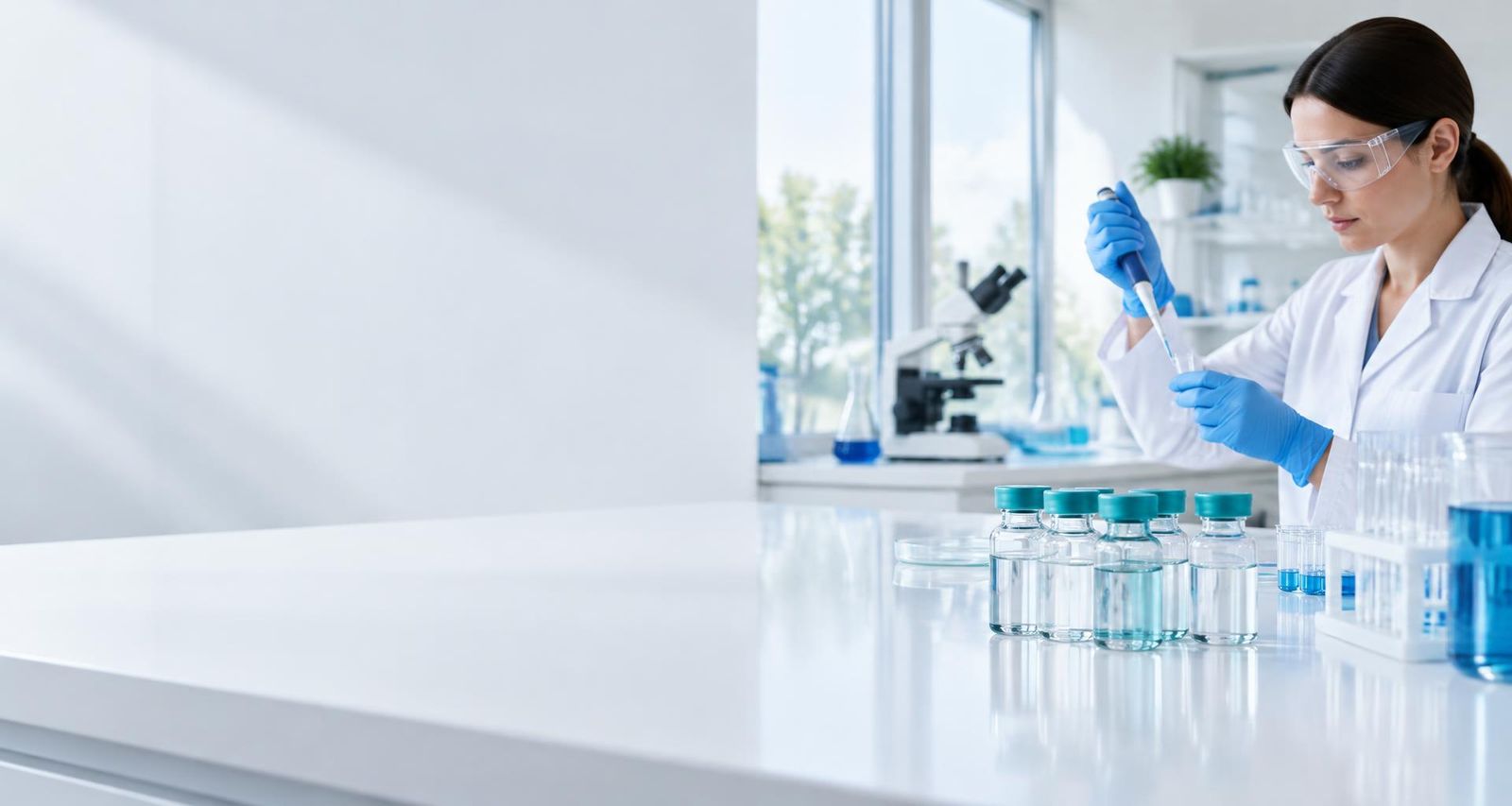 Research scientist working with sealed vials in a bright laboratory